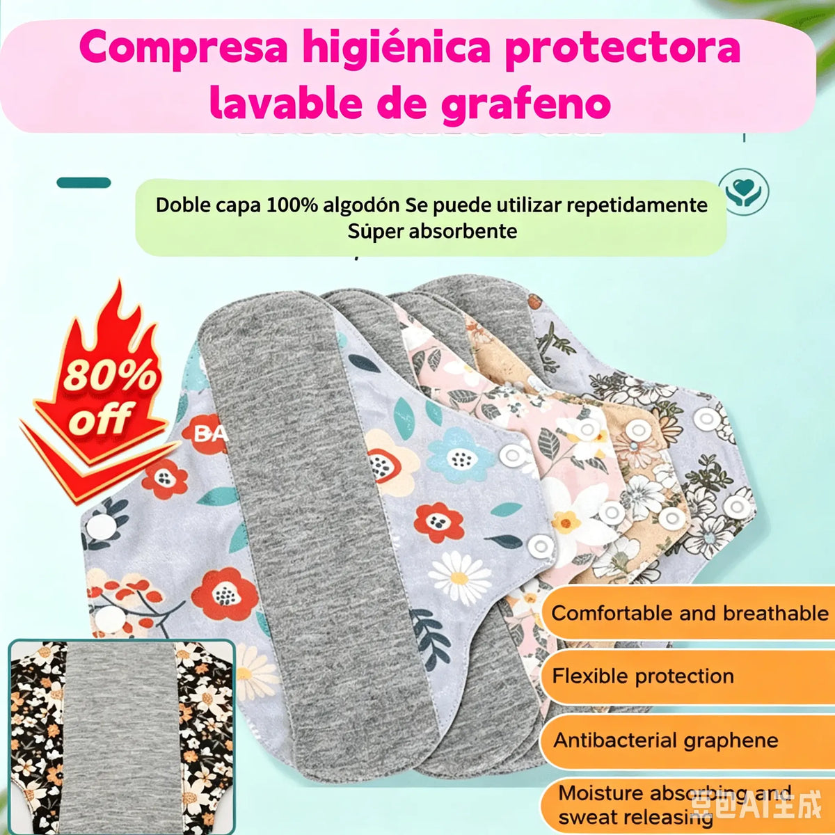 🔥【5 piezas】Almohadilla antibacteriana de algodón y grafeno lavable