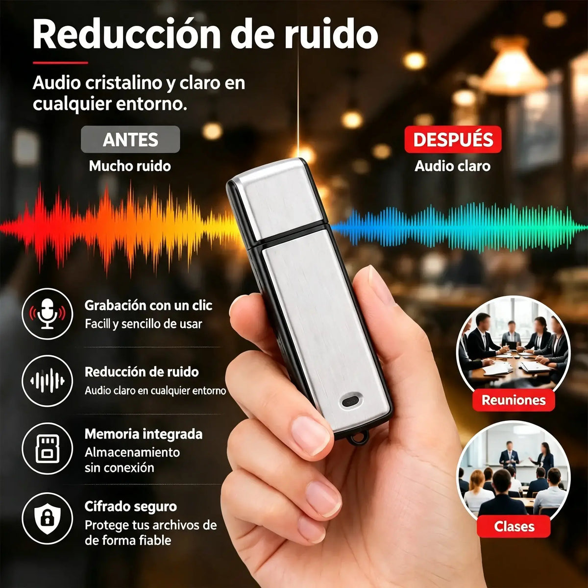 Grabadora de voz USB portátil de alta resolución con reducción de ruido.