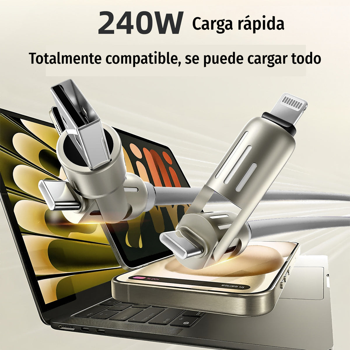🔥 【2 unidades por 26 euros】 🔥 (2 metros de largo) Cable 4 en 1 PD 240 W – Carga rápida USB‑C, Lightning y USB‑A, aluminio y silicona, sincronización de datos ⚡📱