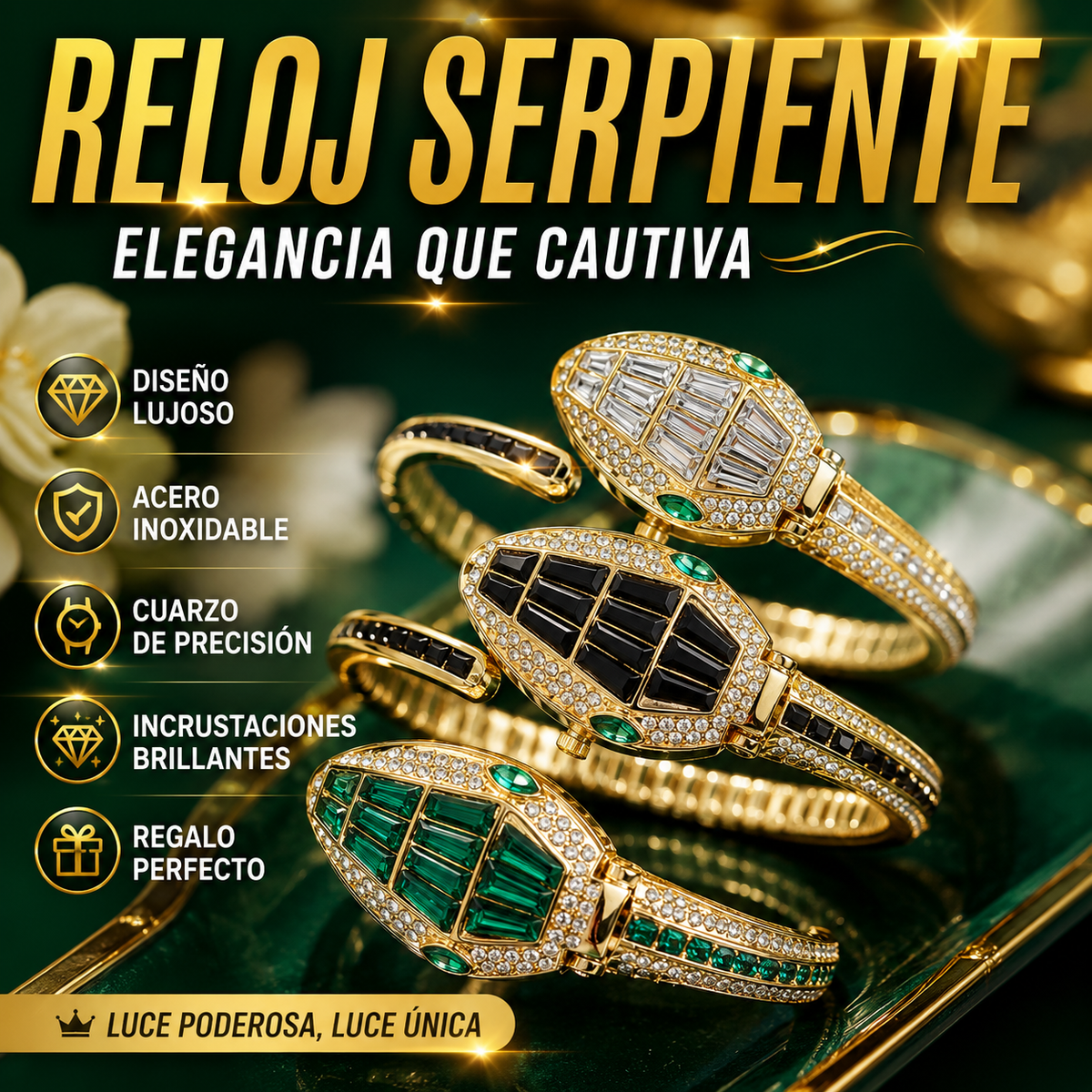 💚✨Reloj de pulsera tipo serpiente con diamantes, elegante reloj de cuarzo de acero inoxidable para mujer