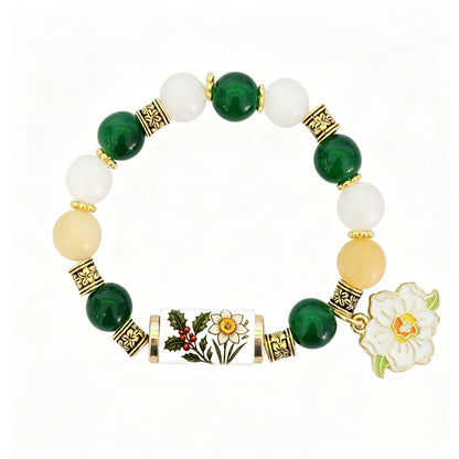 🔥【Compra 1 y llévate 1 gratis】🎁✨Pulsera de flores de cumpleaños de diciembre con colgante de rosa en forma de gota de aceite de aleación y pulsera de calcedonia🌸