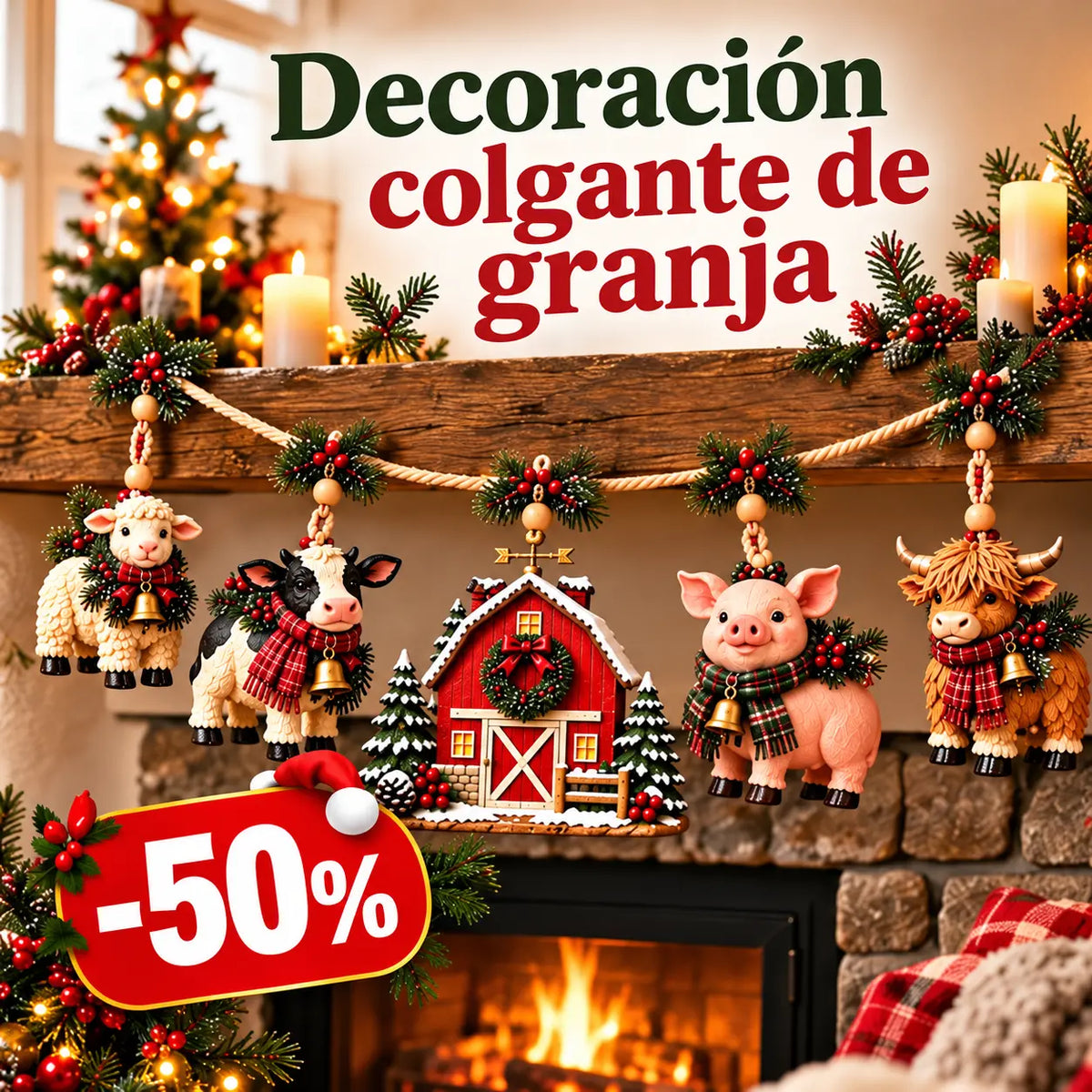 🔥49% DE DESCUENTO🐄 Guirnalda navideña de amigos de la granja para colgar en la chimenea