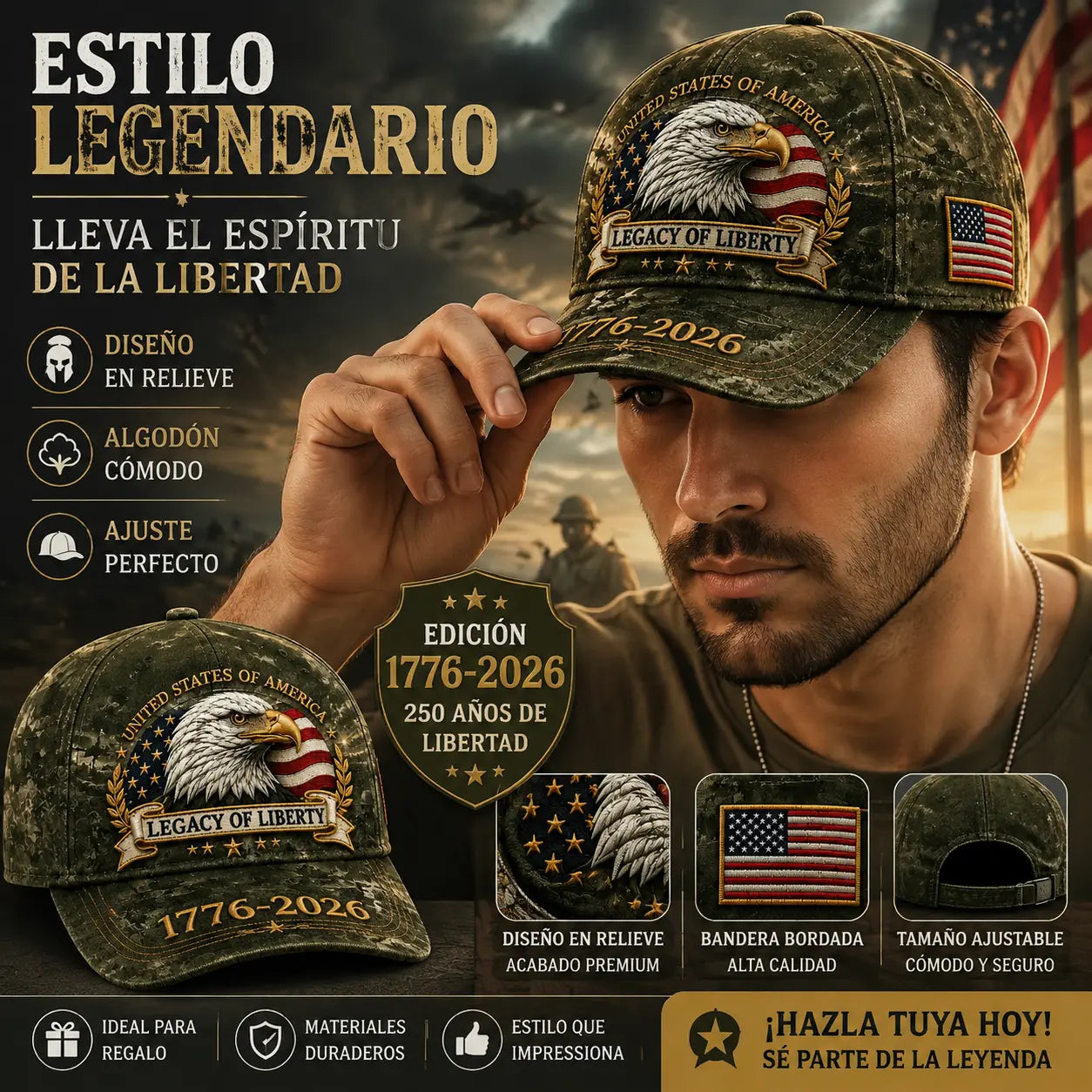 🛡️🧢Gorra de béisbol Freedom Eagle del 250 aniversario | Gorra de béisbol retro patriótica bordada –
