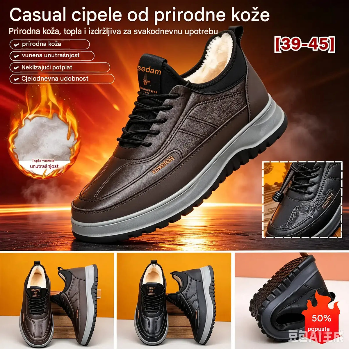 【39-45】Muške vodootporne ležerne zimske tenisice od prave kože, s mekanom podstavom od pliša – novi model