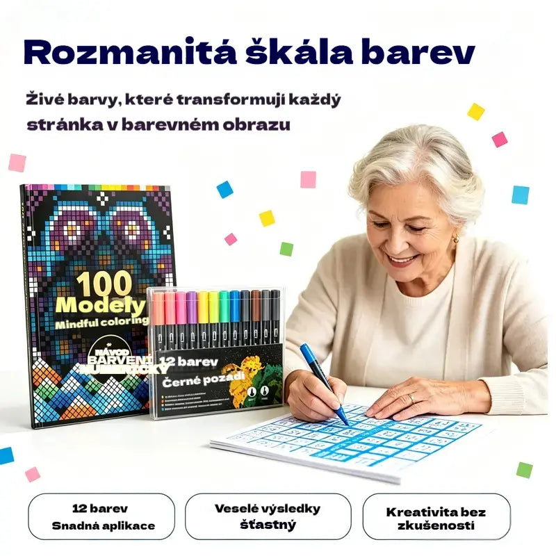 🛍️ Sada antistresových omalovánek "100 vzorů pro vědomé vybarvování" 🎨 Malování podle čísel pro dospělé a seniory | 100 vzorů (květiny, mandaly) + sada fixů v ceně, trénink mozku a relaxace