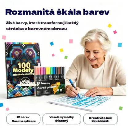 🛍️ Sada antistresových omalovánek "100 vzorů pro vědomé vybarvování" 🎨 Malování podle čísel pro dospělé a seniory | 100 vzorů (květiny, mandaly) + sada fixů v ceně, trénink mozku a relaxace