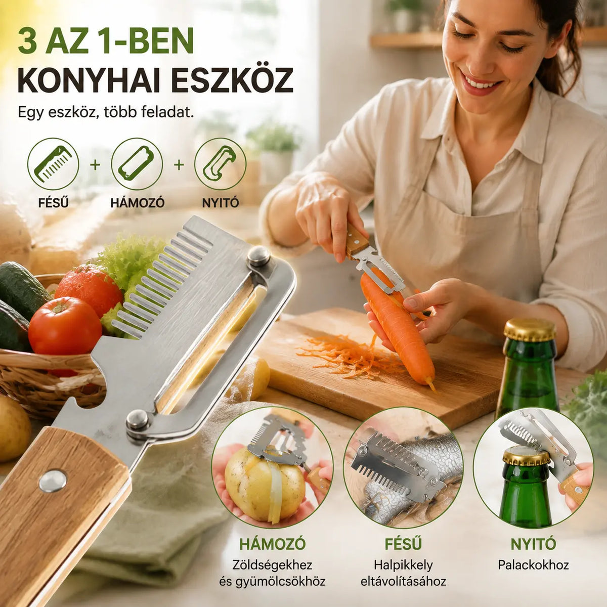 2 darab 7700 Ft✅【Vegyél 1-et, kapsz 1-et ingyen】🧅🔪 3 az 1-ben többfunkciós konyhai hámozó: hámoz, vág és üvegkupakot nyit! 🔥