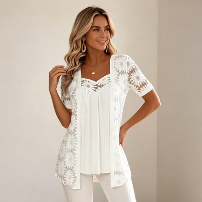 👚 Elegantne bluze s 2-u-1 efektom, čipkom i mrežicom – dizajn za mršavljenje protiv skidanja trbuha, 5 boja, veličine S-4XL! 🌸✨