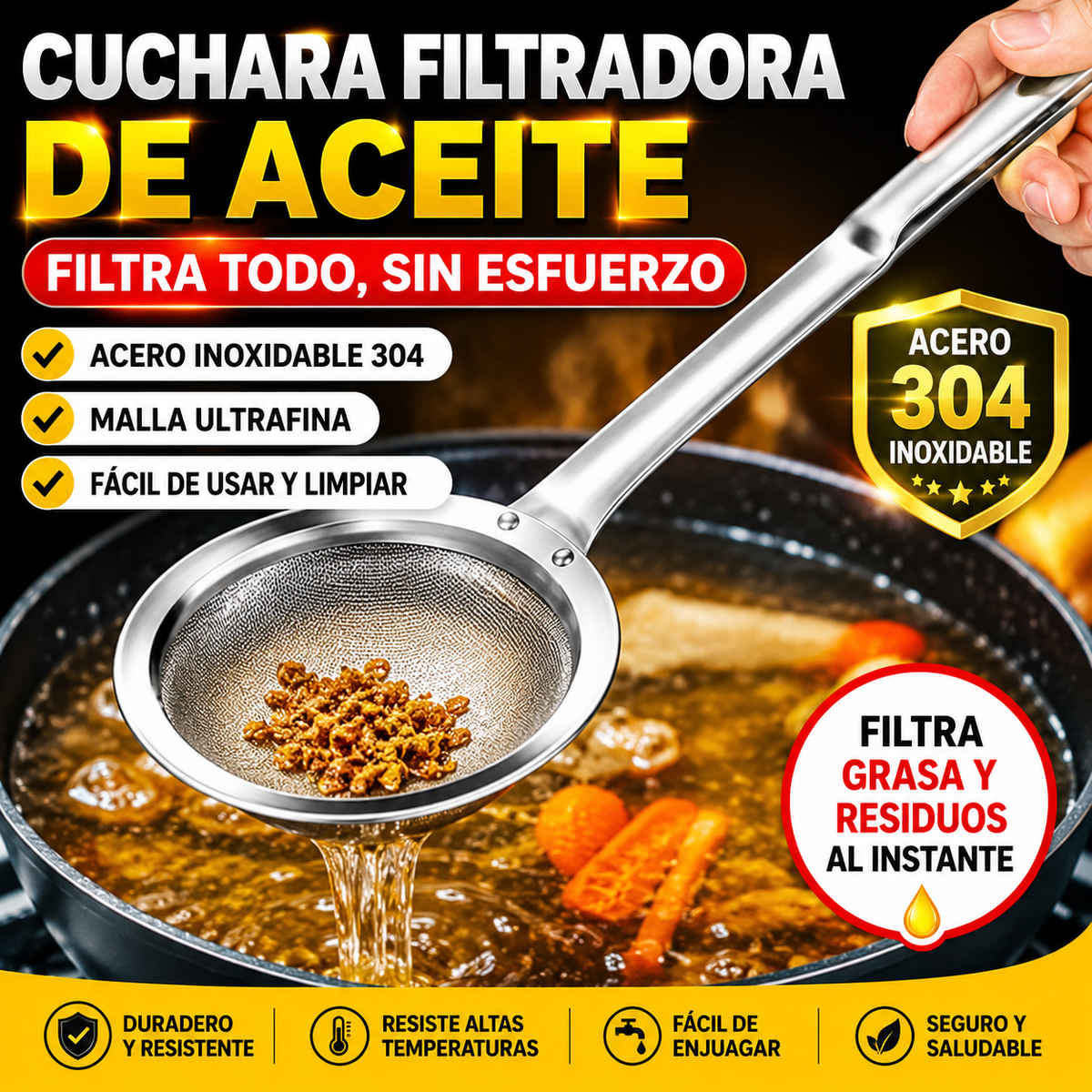 🍲 【3 piezas  24€】 Cuchara de filtro de aceite de acero inoxidable 304