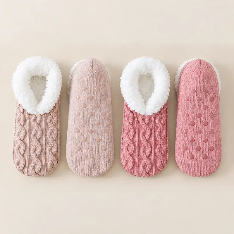 🧦 Különleges, 2 párra szóló csomag: Puha, plüss otthoni zoknik csúszásgátló szilikon talppal · Műszőrme bélés a melegség és kényelem érdekében · Rugalmas, fonott kötött minta · Tökéletes választás, hogy egész télen kellemes melegben érezd magad!