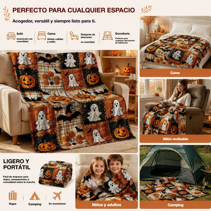 🎃【70x100cm】Manta de franela con estampado de calabazas y murciélagos de Halloween, suave, ligera y cómoda, ideal para sofás y camas.
