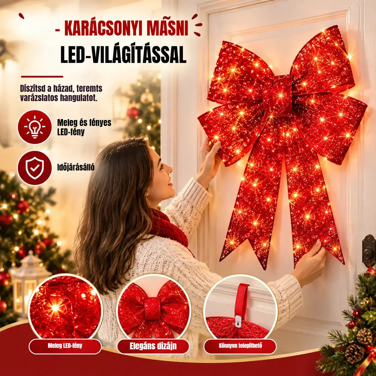 📢📢 Féláras akció! ✨【61cm*43cm*6cm】Extra nagy kültéri karácsonyi masni, vízálló, beépített lámpával
