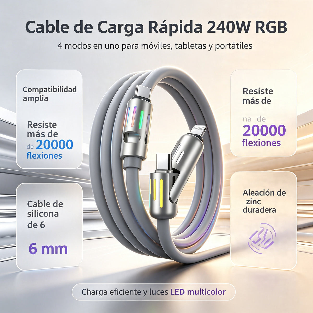 🔥 【2 unidades por 26 euros】 🔥 (2 metros de largo) Cable 4 en 1 PD 240 W – Carga rápida USB‑C, Lightning y USB‑A, aluminio y silicona, sincronización de datos ⚡📱