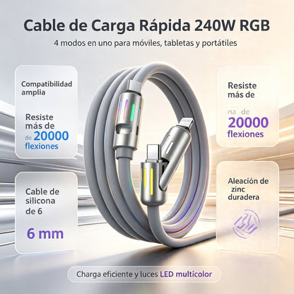 🔥 【2 unidades por 26 euros】 🔥 (2 metros de largo) Cable 4 en 1 PD 240 W – Carga rápida USB‑C, Lightning y USB‑A, aluminio y silicona, sincronización de datos ⚡📱