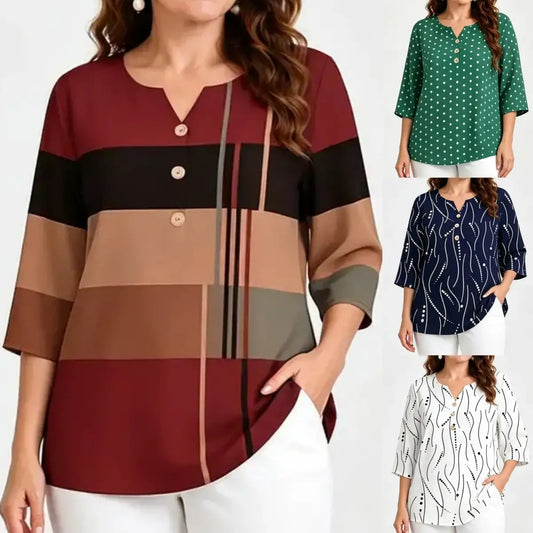 【S-5XL】 Laza, légáteresztő, plus size rövid ujjú női ing V-nyakú mintával