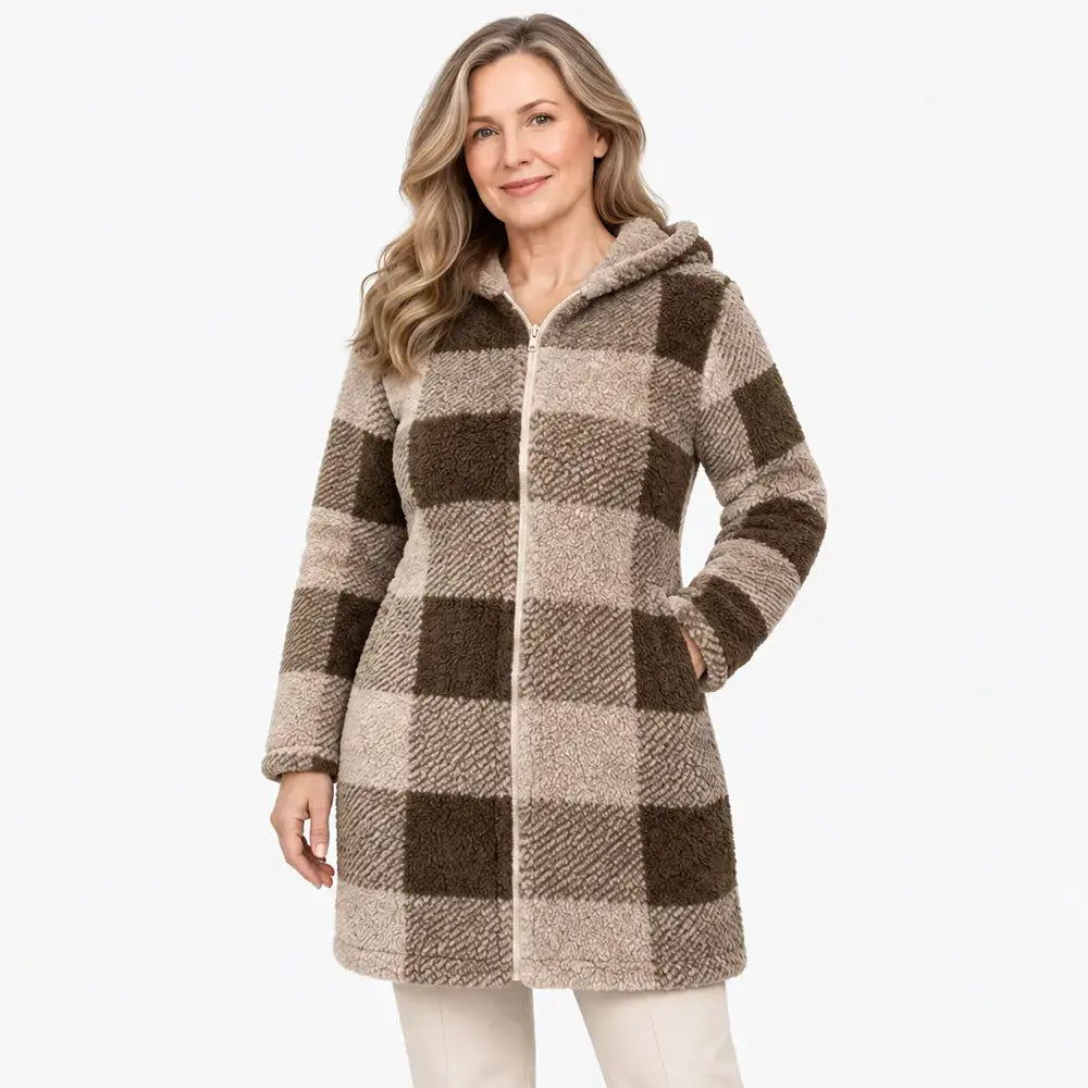 ✨【S-3XL】Női hosszú, megfordítható, cipzáras kardigán/kabát - műszőrme és kockás minta (ősz/tél)
