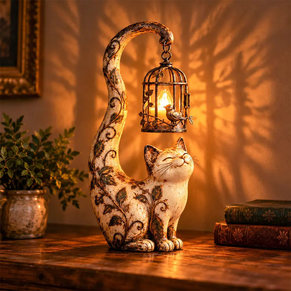🐱💡Noční světlo ve stylu vintage – kočka s ptačí klecí – kreativní zahradní dekorace