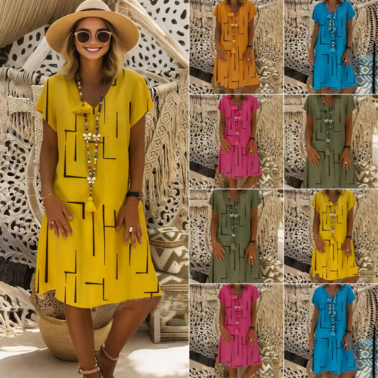 👗【S–5XL】Mintás pamut ruha V-nyakkivágással