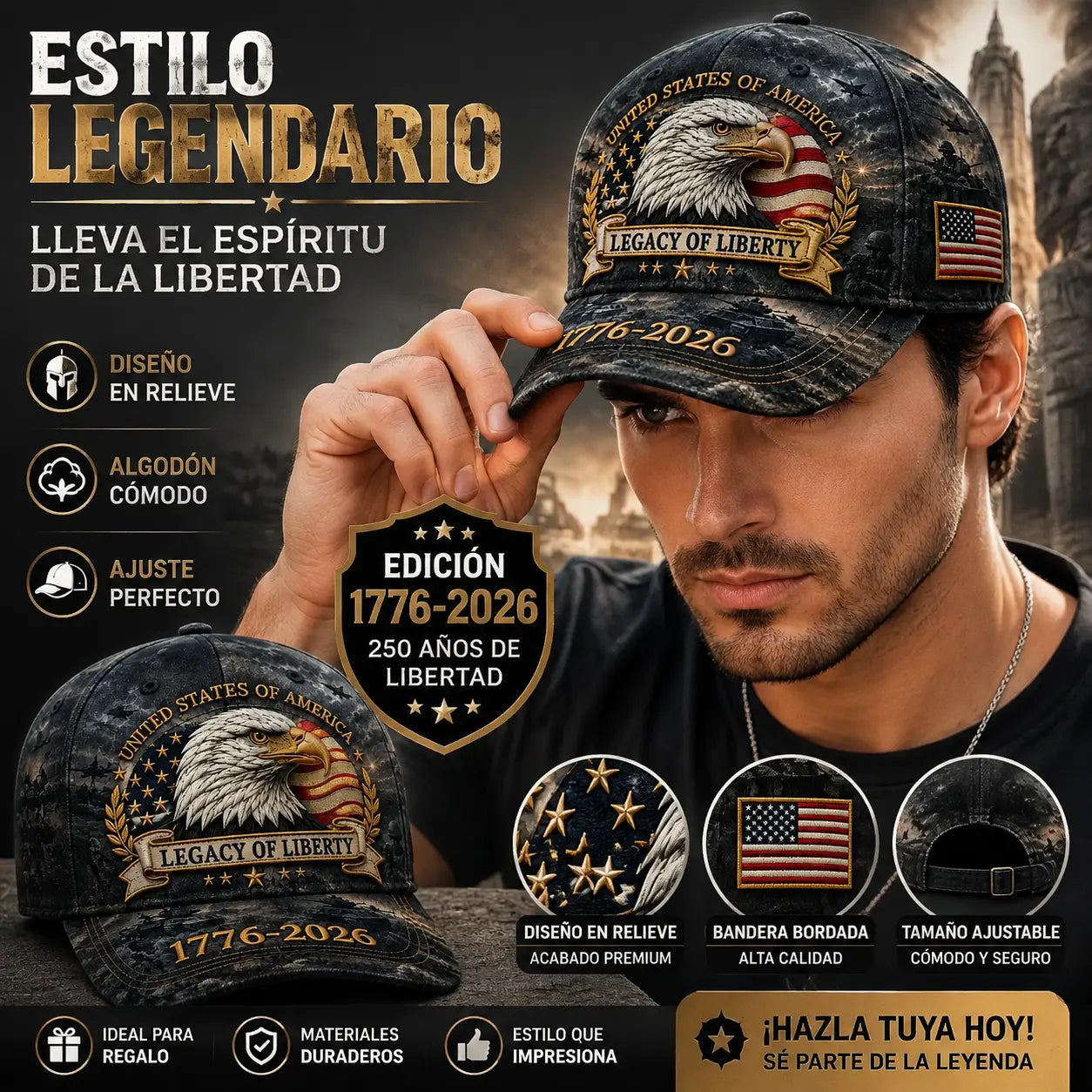 🛡️🧢Gorra de béisbol Freedom Eagle del 250 aniversario | Gorra de béisbol retro patriótica bordada –