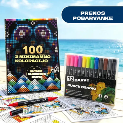 🛍️ Komplet pobarvank proti stresu "100 vzorcev za čuječe barvanje" 🎨 Barvanje po številkah za odrasle in starejše | 100 vzorcev (rože, mandale) + komplet flomastrov vključen, trening možganov in sprostitev