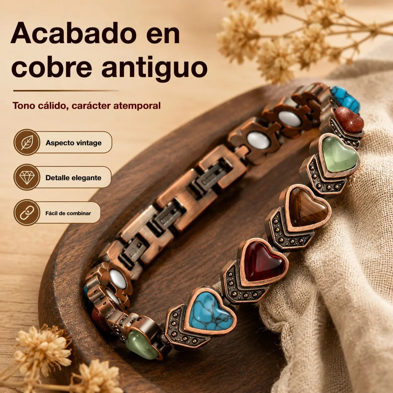 ✨🎁Pulsera de cobre para mujer, pulseras magnéticas de cobre puro, piedra preciosa natural única