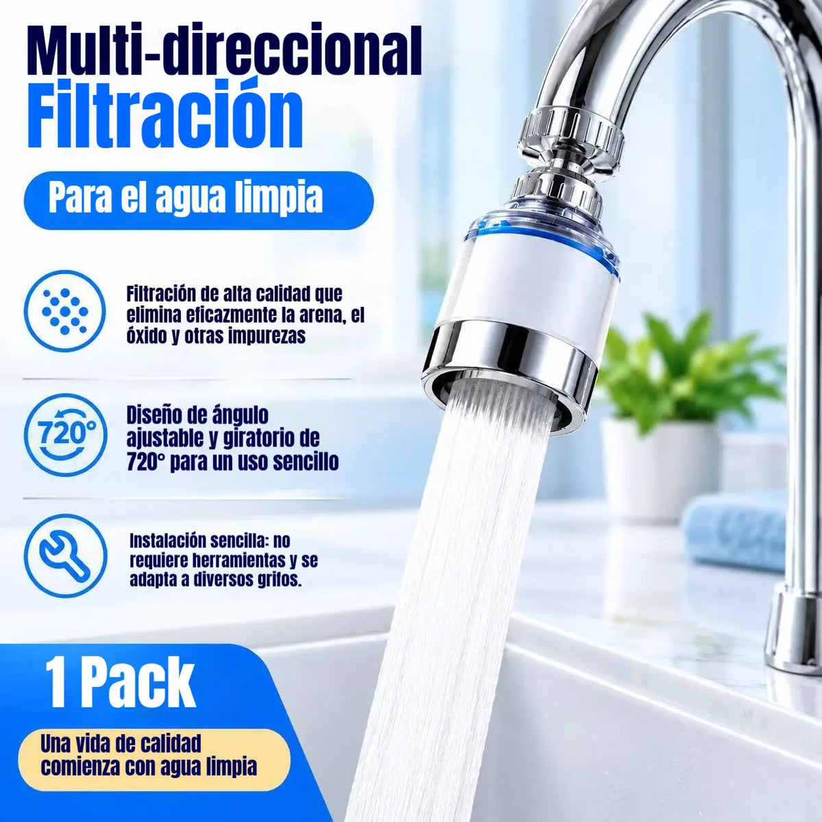 💧Mejora tu agua: Filtro para grifo sin herramientas, compatible con la mayoría de grifos