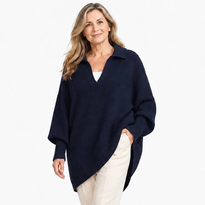 🌸【XS-5XL】Elegáns és maximális kényelem, bő szabású, V-nyakú kötött pulóver lehajtott gallérral｜Minden testalkatra alkalmas, elrejti a felesleges zsírt!