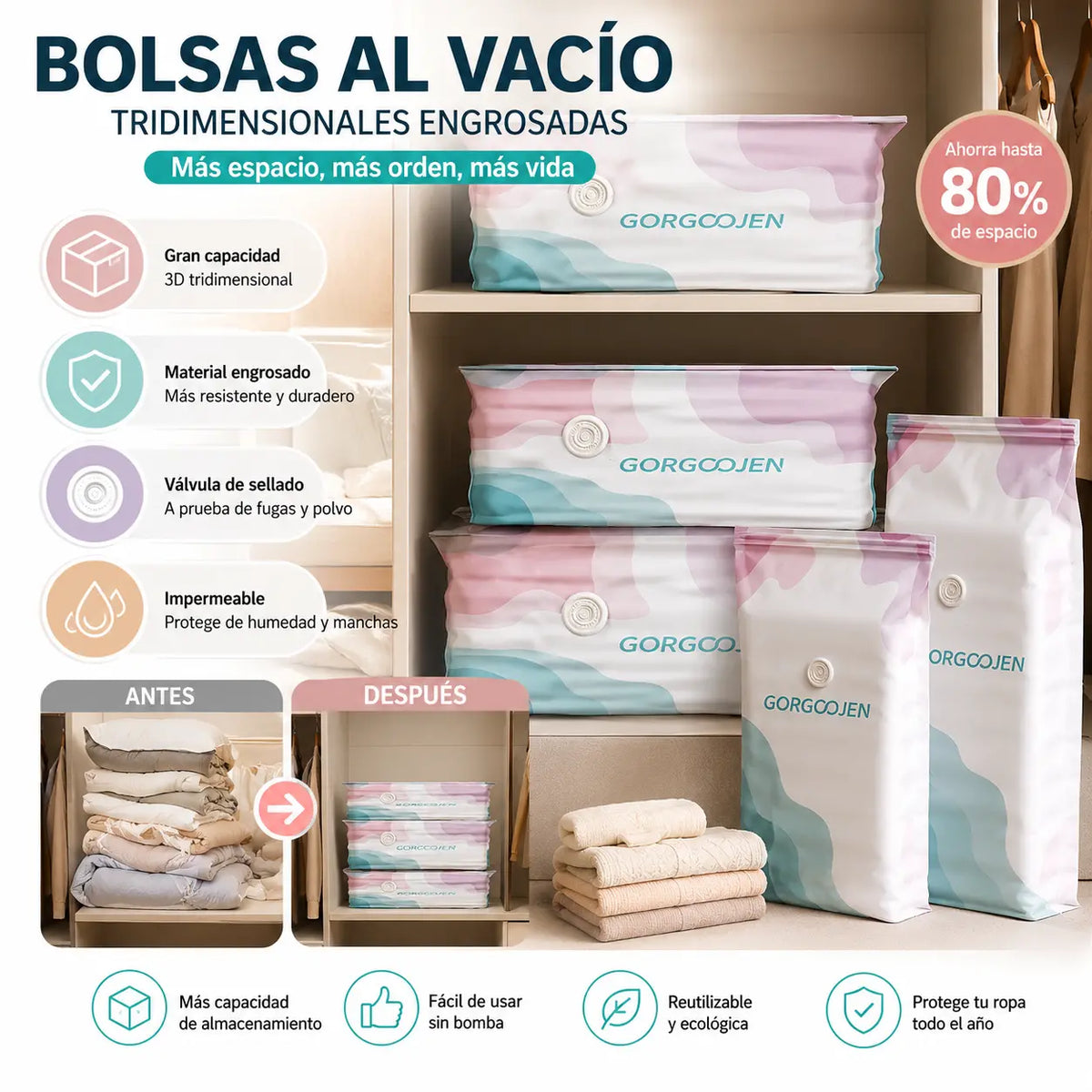 🔥【30% OFF】🧳 5 artículos por 28 euros 💨 Bolsa de almacenamiento al vacío grande y compresible: no requiere bomba, es a prueba de fugas e ideal para ahorrar espacio en maletas y en casa ✈️