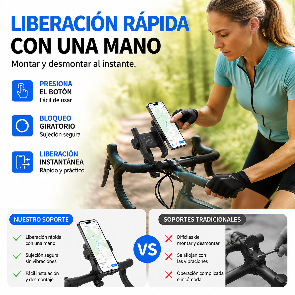 🎉 Promoción 2026:🚴‍♂️ Soporte para teléfono de bicicleta con liberación rápida: bloqueo seguro y acolchado a prueba de golpes 📱