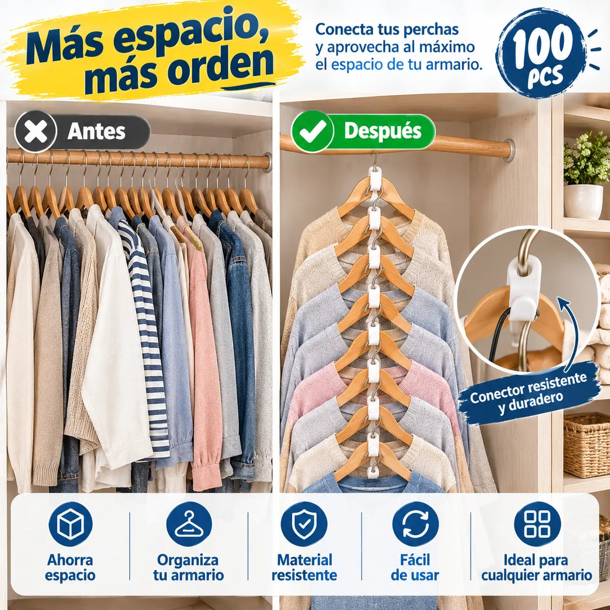 👕✨【100 darabos készlet】Helytakarékos vállfa-összekötők: Duplázza meg ruhásszekrénye tárolókapacitását; masszív és tartós.