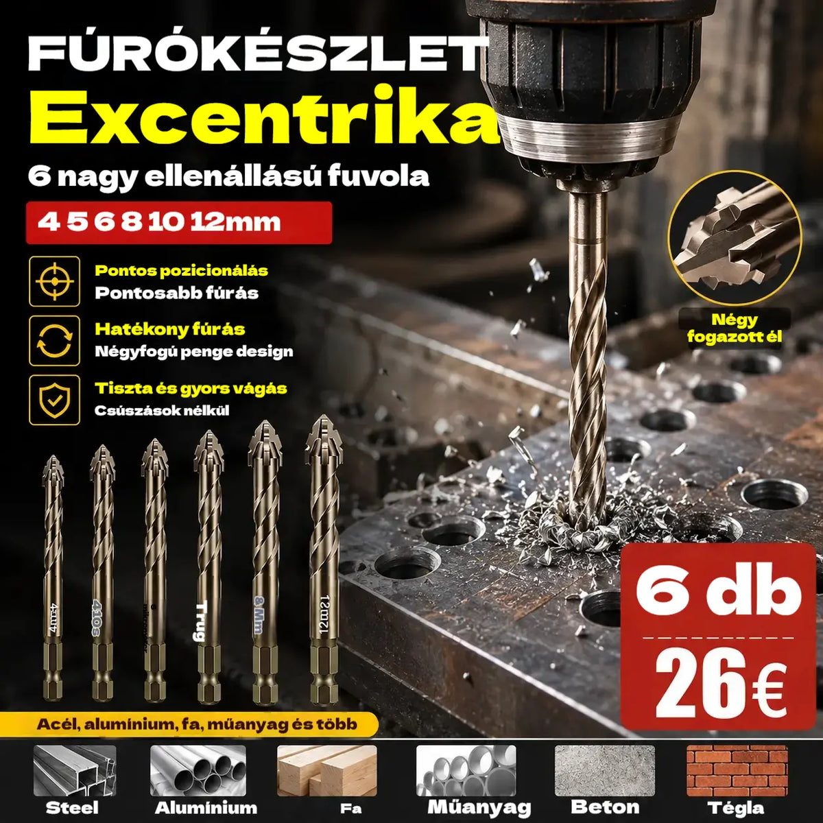 🛠🛠【6 db-os】【4+5+6+8+10+12 mm】Nagy szilárdságú 6 élű excentrikus fúrófej készlet