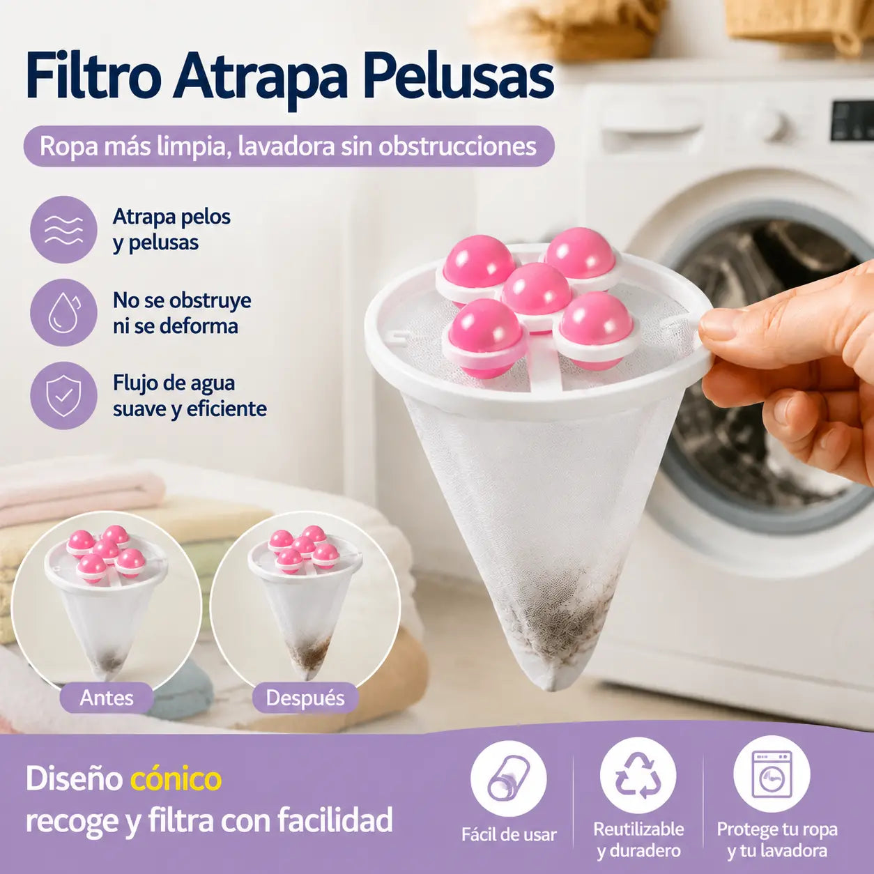 🌀5 piezas 26€✨ Filtro Flotante para Lavadora – Atrapa Pelusas, Cabellos y Pelos de Mascota en Cada Lavado 🧺