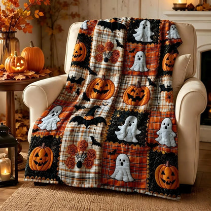 🎃【70x100cm】Manta de franela con estampado de calabazas y murciélagos de Halloween, suave, ligera y cómoda, ideal para sofás y camas.
