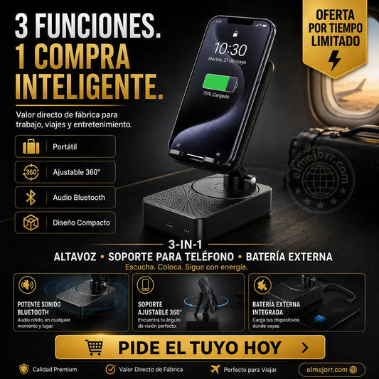 🔥 3 az 1-ben: Bluetooth hangszóró + töltő + 360°-os mobiltelefon-állvány 📱🔊⚡