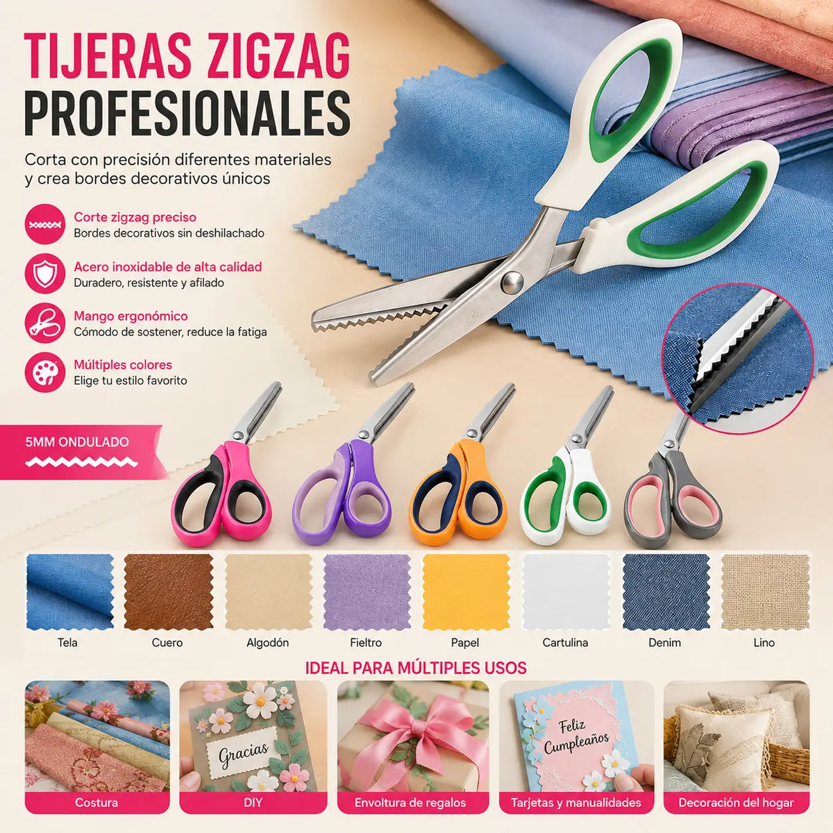 👗✂️ Tijeras de sastre con borde decorativo – Profesionales en corte zigzag y ondulado | Perfectas para telas, patchwork y proyectos DIY