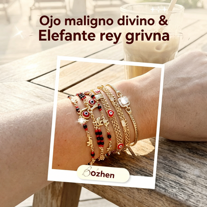 🔥【30% OFF】📿 ¡OFERTA POR TIEMPO LIMITADO CON UN 50% DE DESCUENTO! 🌀 Pulsera boho con amuletos y un elefante de la suerte: colgantes simbólicos, forma ajustable, baño de oro y 7 estilos ✨