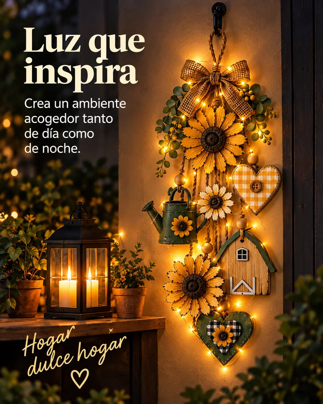 🌻Adorno colgante rústico de madera con temática de jardín y luces de hadas con control remoto