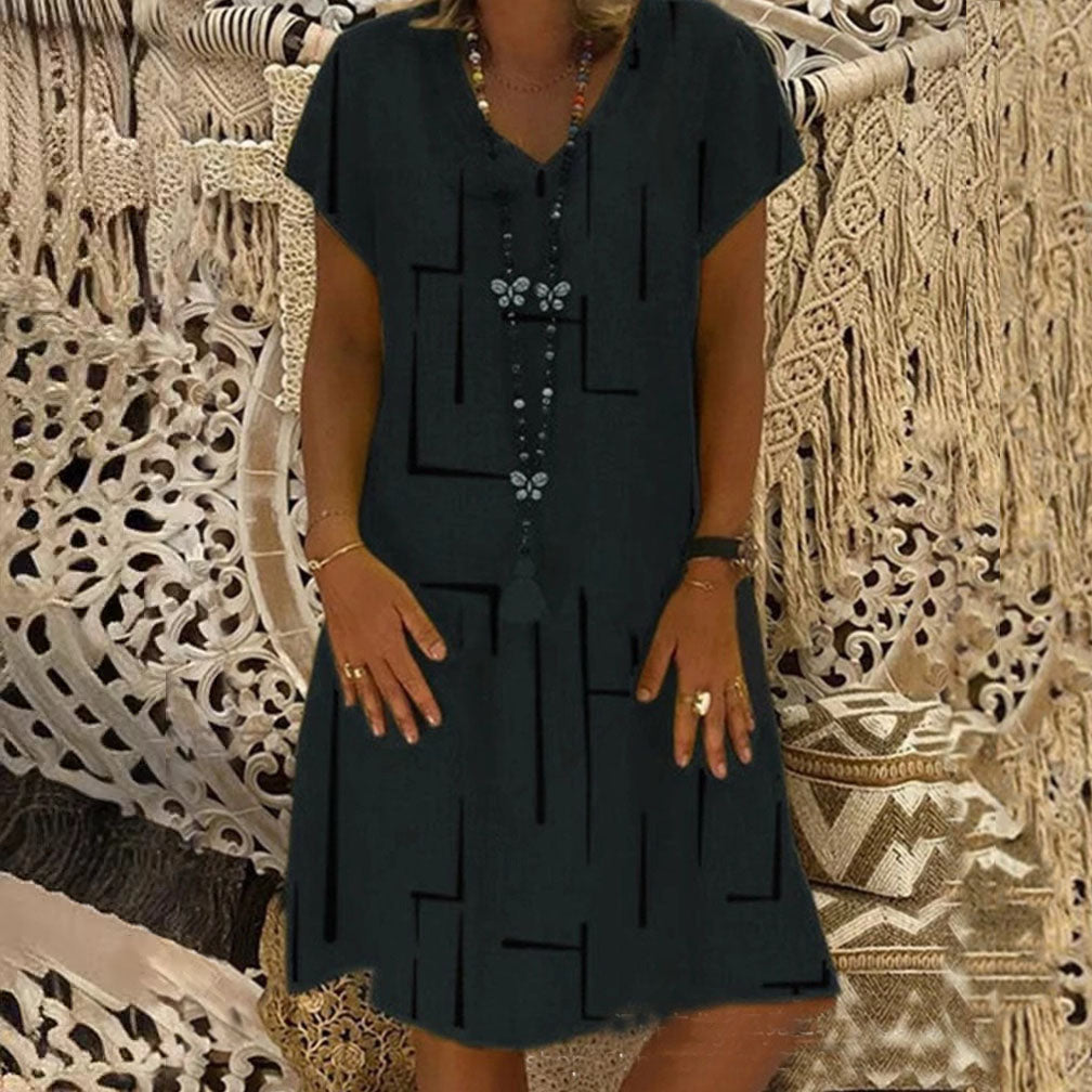 👗【S–5XL】Mintás pamut ruha V-nyakkivágással