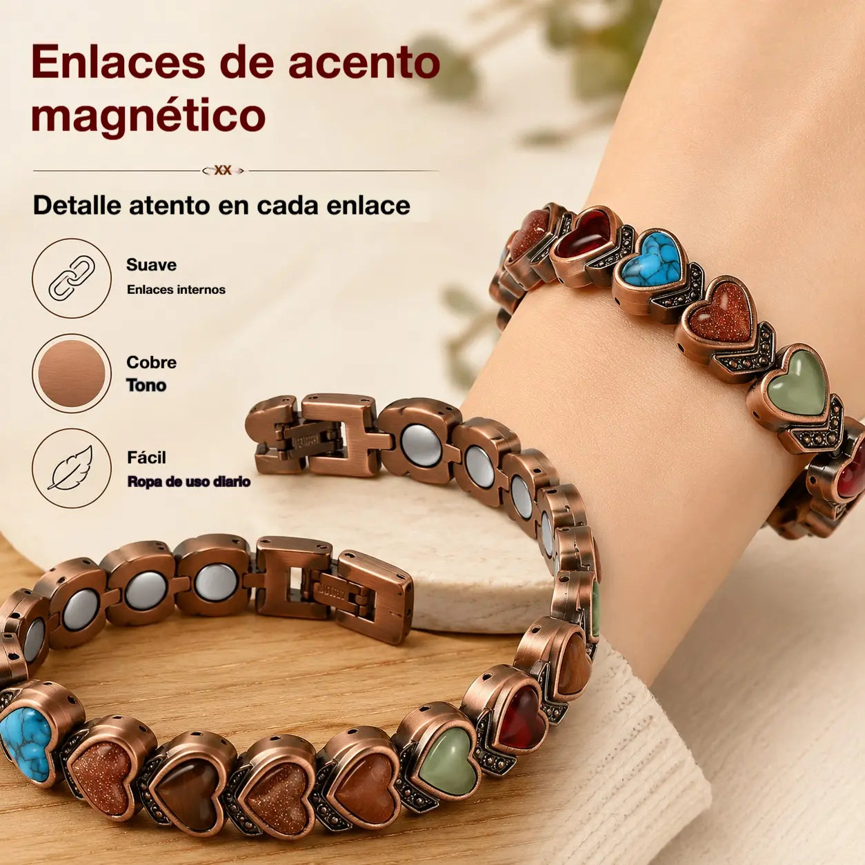 ✨🎁Pulsera de cobre para mujer, pulseras magnéticas de cobre puro, piedra preciosa natural única