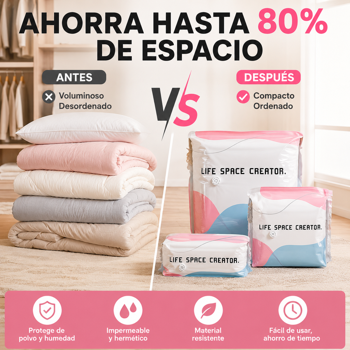 🧳【Juego de 5 piezas】💨 Bolsa de almacenamiento al vacío grande y compresible: no requiere bomba, es a prueba de fugas e ideal para ahorrar espacio en maletas y en casa ✈️