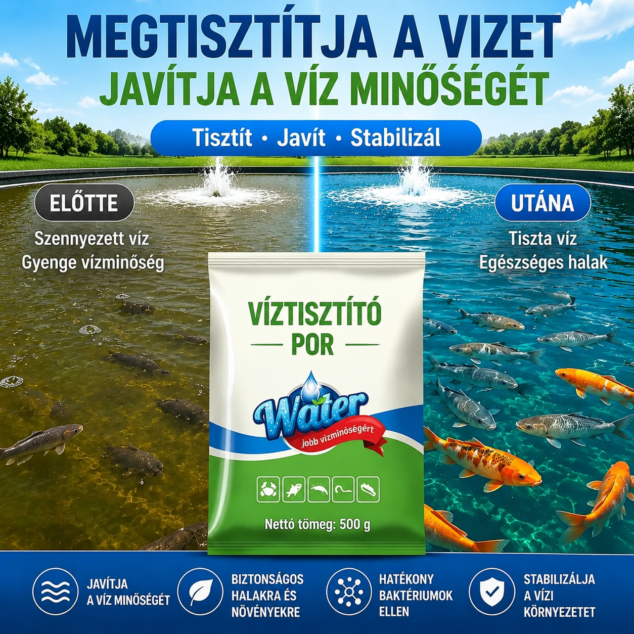 🐟🌊🔬500g Prémium Tópor | Víztisztító és Algairtó 🐟🌊🔬