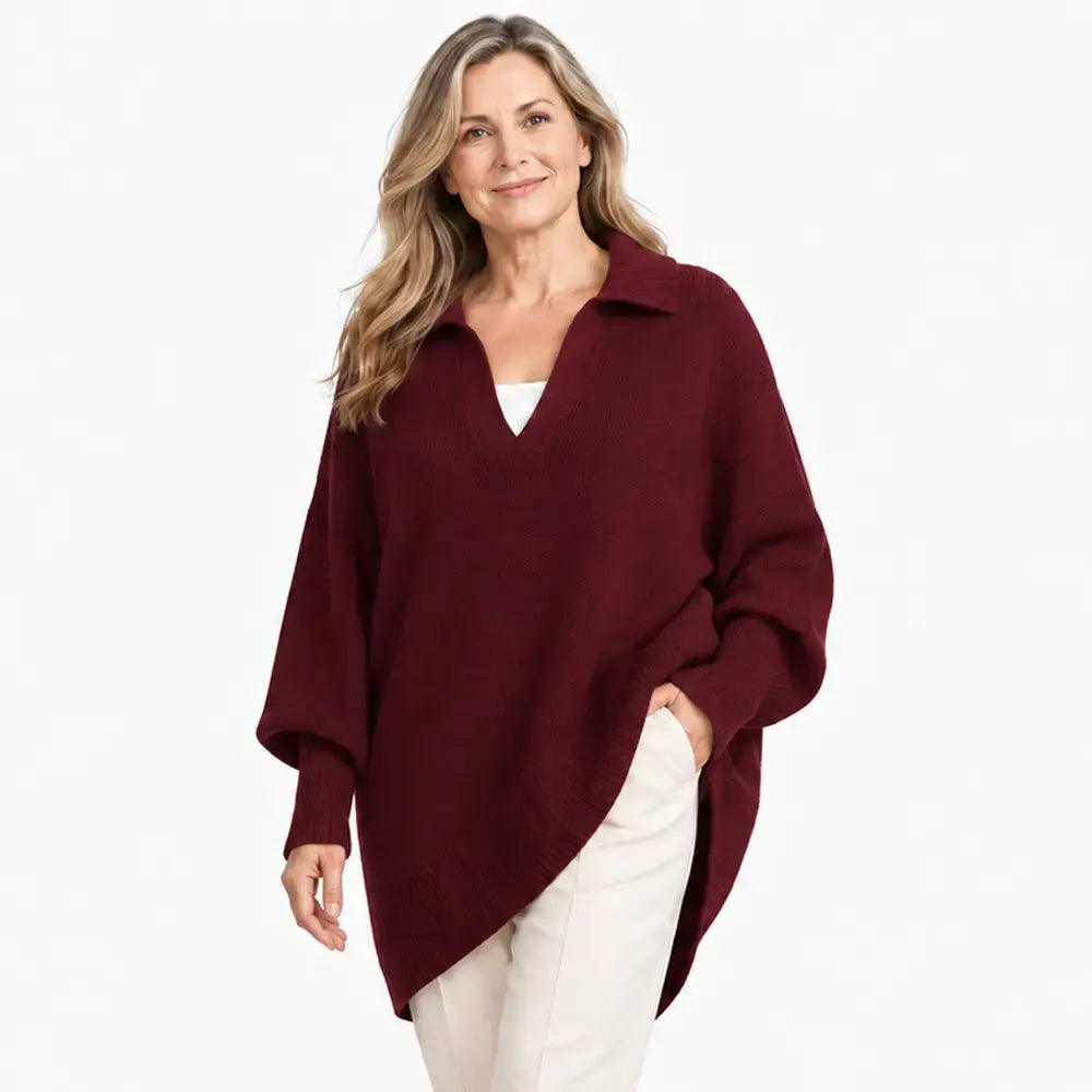 🌸【XS-5XL】Elegáns és maximális kényelem, bő szabású, V-nyakú kötött pulóver lehajtott gallérral｜Minden testalkatra alkalmas, elrejti a felesleges zsírt!
