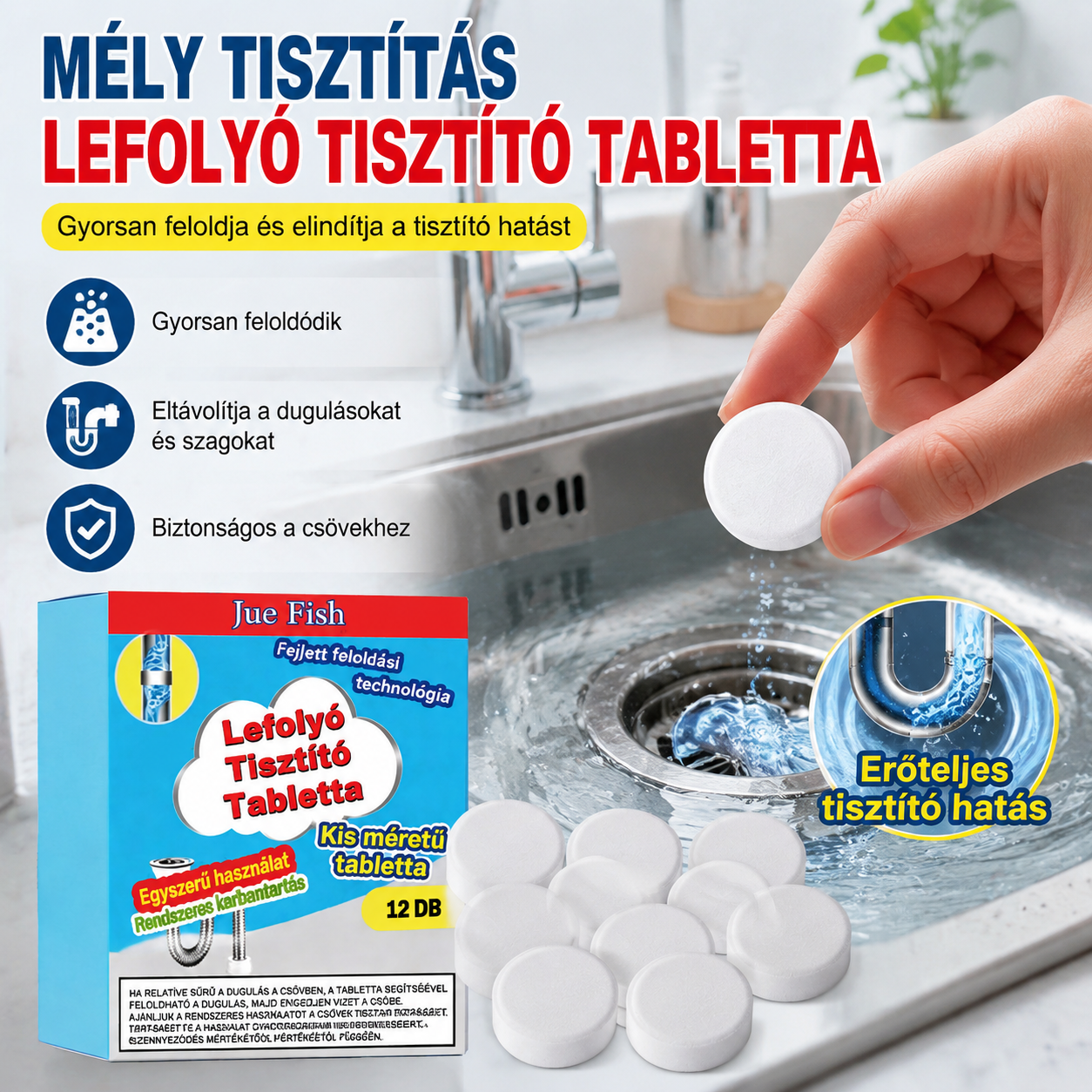 🥳3 doboz 8900 Ft💞 Hatékony pezsgőtabletta csőtisztító, gyorsan feloldja a hajszálak okozta zsírt és dugulásokat, antibakteriális csőtisztító és szagtalanító mosdókagylóhoz, WC-hez és padlólefolyókhoz.