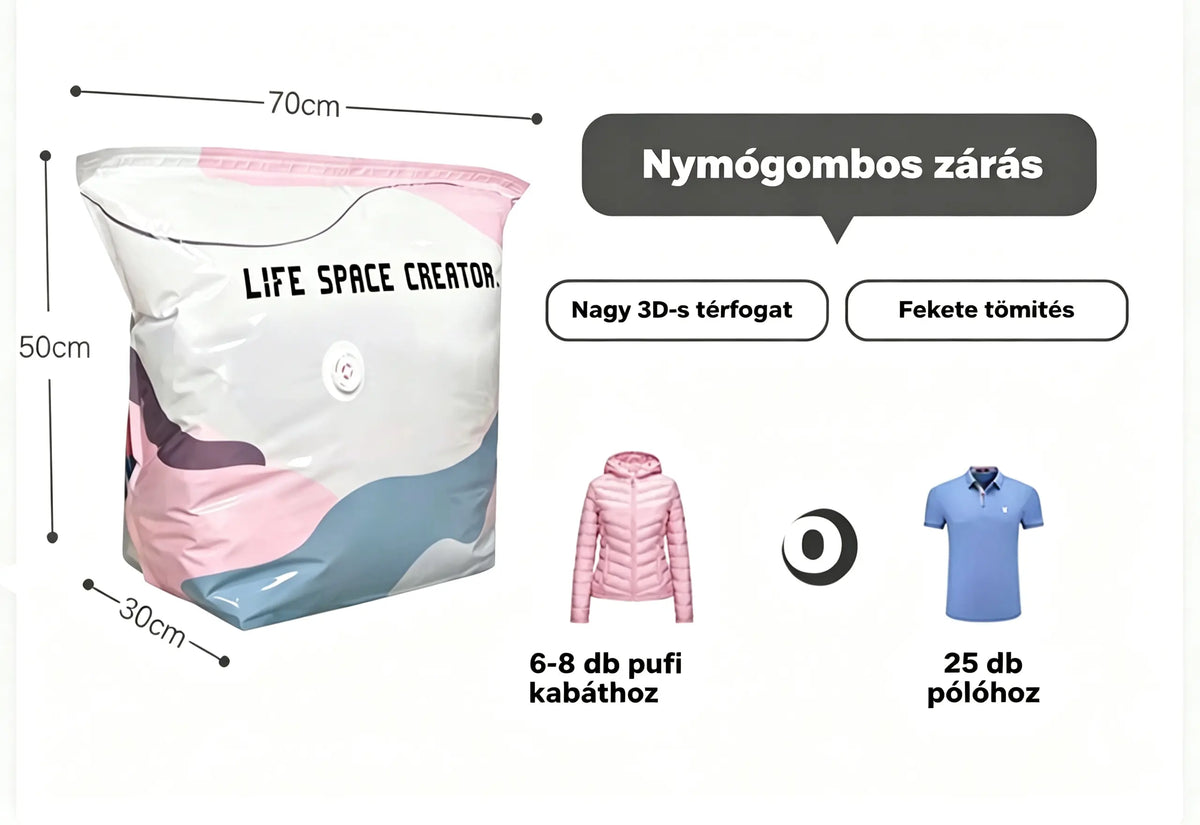 👕📦 [5 részes készlet mindössze 9 300 Ft-ért] Kompressziós ruhatároló zsákok; nem igényel porszívózást, megerősített kialakítás.