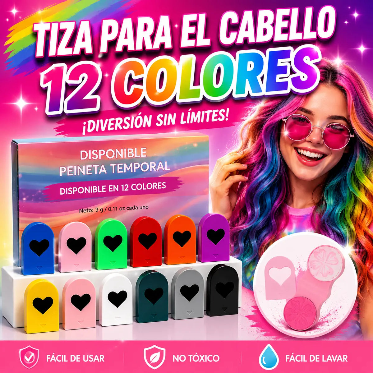 🎁 ¡50% DE DESCUENTO! 🎨 Set de tizas para el cabello por tiempo limitado para niñas: cabello de colores sin tinte permanente, ¡ideal para fiestas! ✨