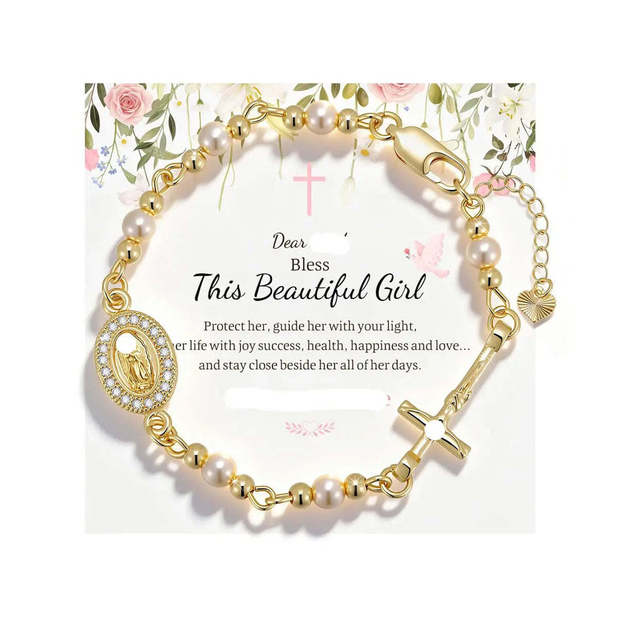 ✝️ Pulsera con cruz y piedra natal chapada en oro de 18 quilates ----- Pulsera con cruz y cuentas