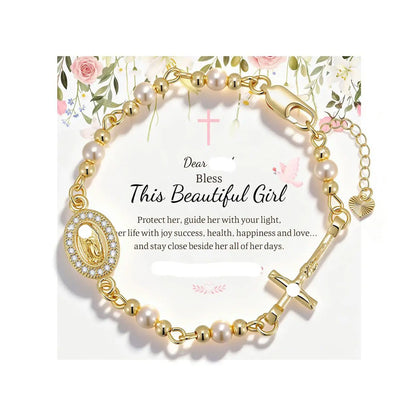 ✝️ Pulsera con cruz y piedra natal chapada en oro de 18 quilates ----- Pulsera con cruz y cuentas