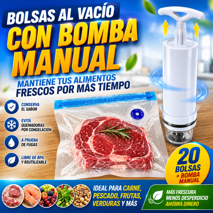 🔥【20 bolsas de vacío + bomba   manual filtrable específica】🧊Bolsas de almacenamiento de alimentos con compresión al vacío y válvulas