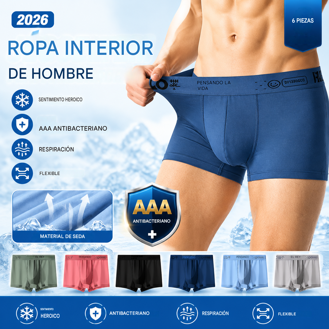🧊【Compra 3 y llévate 3 gratis: 6 piezas en total】Calzoncillos bóxer de seda helada transpirables y finos para hombre, superventas del verano