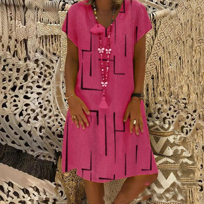 👗【S–5XL】Mintás pamut ruha V-nyakkivágással